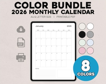 COLOR BUNDLE 2026 Monthly Calendar Printable, PDF Calendar A4 & Letter Size, Vertical Minimalist Calendar, Digital Download, Office planner