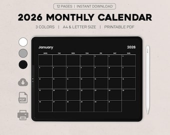 2026 Black Monthly Calendar Printable | PDF Calendar A4 & Letter Size | Horizontal Minimalist Calendar, Digital Download