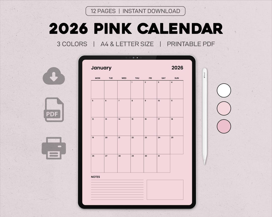 2026 Pink Monthly Calendar Printable | PDF Calendar A4 & Letter Size ...