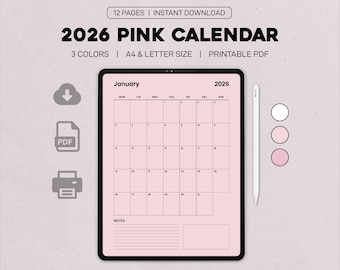 2026 Pink Monthly Calendar Printable | PDF Calendar A4 & Letter Size | Vertical Minimalist Calendar, Digital Download