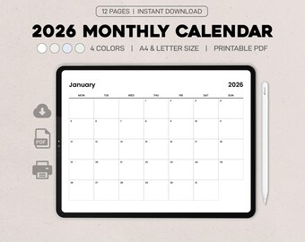 2026 Monthly Calendar Printable | PDF Calendar A4 & Letter Size | Horizontal Minimalist Calendar, Digital Download