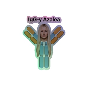 May include: A holographic sticker with a design incorporating a woman's image within an antibody shape. The text "IgG-y Azalea" is displayed above the image. The sticker has a gradient of colours.