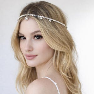 Bridal Rhinestone Headpiece Silver – Wedding Hair Jewelry, Crystal Forehead Chain, Boho Bridal Headband