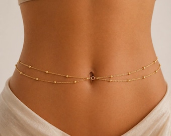 Stainless Steel Look Gold Waist Chain Double Layer Beaded Belly Chain Minimalist Body Jewelry Summer Beach Jewelry Gift for Women