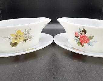 Vintage JAJ Pyrex Gravy Boat and Plate | Milk Glass Floral Sauce Jug, England