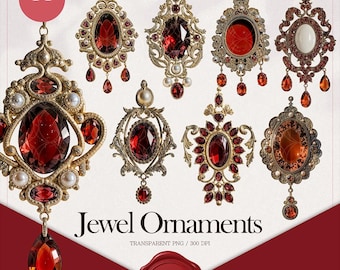 Jewel Ornaments Clipart Set, Digital Jewel Graphics PNG, Luxury Gem Jewelry, Gemstone Clipart, Design Elements, Printable Stickers