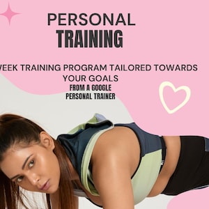 Może przedstawiać: Kobieta w zielono-czarnym sportowym biustonoszu i czarnych legginsach wykonuje ćwiczenie plank. Obraz jest umieszczony na różowym tle z tekstem "PERSONAL TRAINING 8-WEEK TRAINING PROGRAM TAILORED TOWARDS YOUR GOALS FROM A GOOGLE PERSONAL TRAINER".