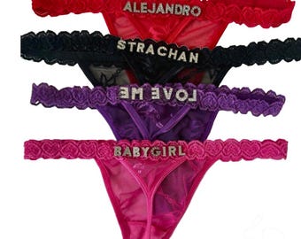 Personalized Rhinestone Thong: Custom Name Lingerie, Hand-Sewn Letters