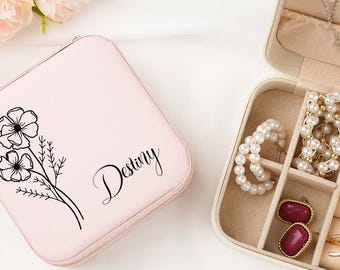 Boîte à bijoux de voyage personnalisée, petit organisateur de boucles d'oreilles carré, boîte-cadeau de demoiselle d'honneur pour soeur, amie