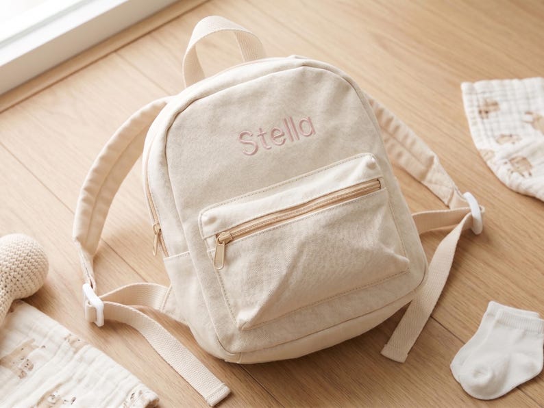 Personalized Toddler Backpack, Custom Embroidered Canvas Preschool Book Bag | Kids Daycare Small Diaper Bag, Unique First Birthday Gift image 2