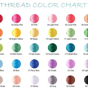 May include: A thread color chart with 30 color swatches, each labeled with a number and color name. Colors range from red and pink to green, blue, purple, and neutral tones. The text "THREAD COLOR CHART" is at the top.