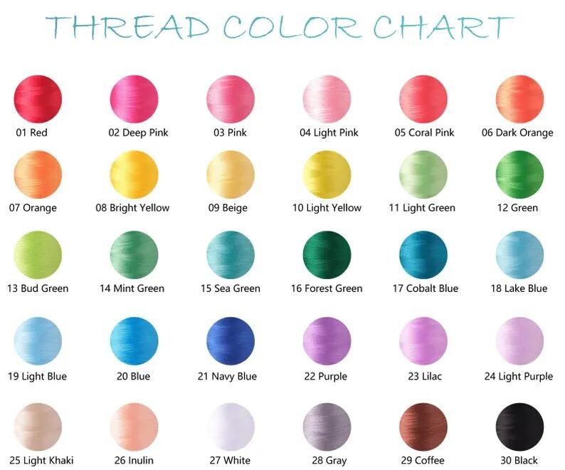 May include: A thread color chart with 30 color swatches, each labeled with a number and color name. Colors range from red and pink to green, blue, purple, and neutral tones. The text "THREAD COLOR CHART" is at the top.