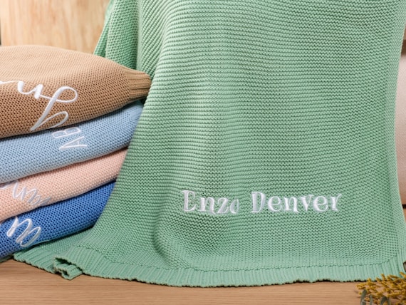 Personalized Knit Embroidered Baby Name Blanket, Monogrammed Cotton Neutral Baby Blanket, Car Seat Security Baby Blanket, Coming Home Gift