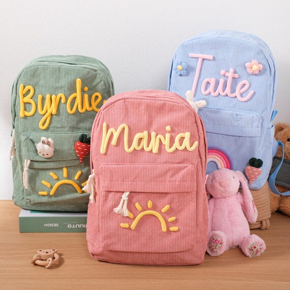 Custom Name Kids Backpack – Durable Corduroy Preschool Bag with Hand Embroidery