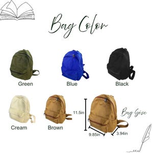 May include: A display of backpacks in various colours: green, blue, black, cream, and brown. The brown backpack is measured at 25.02 cm wide, 29.21 cm high, and 10.01 cm deep. The text "Bag Color" and "Bag Size" are also present.