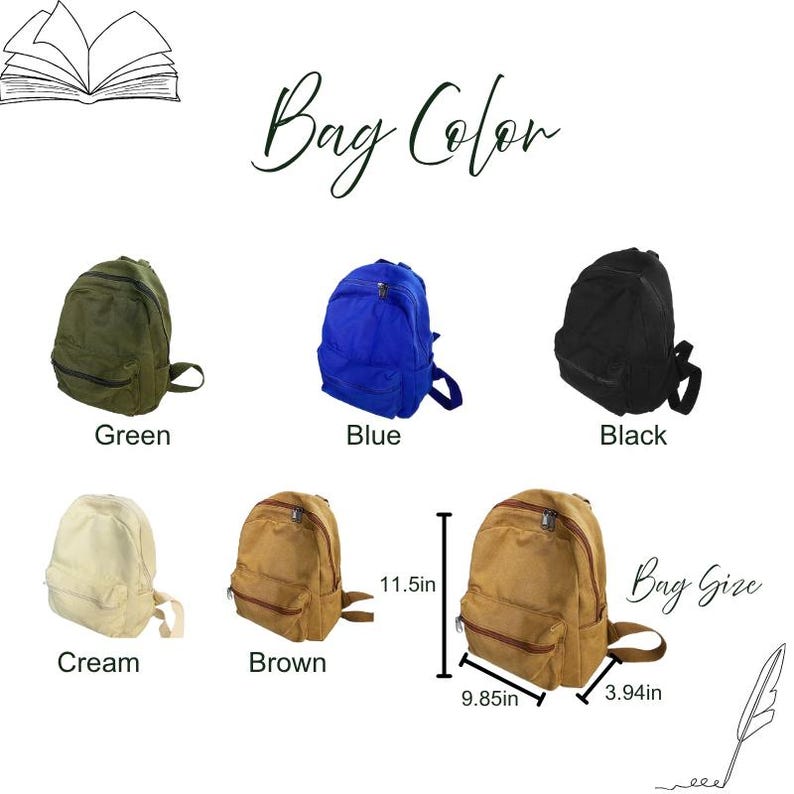 May include: A display of backpacks in various colours: green, blue, black, cream, and brown. The brown backpack is measured at 25.02 cm wide, 29.21 cm high, and 10.01 cm deep. The text "Bag Color" and "Bag Size" are also present.