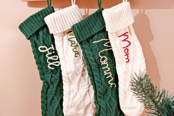 Custom Knit Christmas Stocking with Name – Hand Embroidered Red & Cream Holiday Sock – Personalized Xmas Gift for Family or Kids