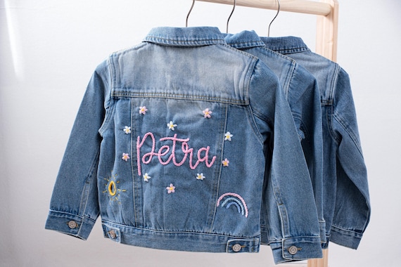 Hand Embroidered Toddler Girls Name Jean Jacket, Custom Baby Name Denim Jacket, Kids Jacket With Personalized Name, First Birthday Gift