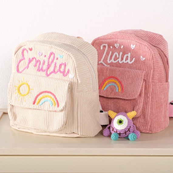 Personalized Mini Backpack with Name, Custom Kids Hand Knit Name Backpack, Preschool Girls Name Corduroy Bag, Monogram Book Bag, Kids Gifts
