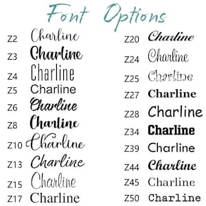 May include: An image displaying a selection of font styles for the name "Charline." The text is presented in a variety of designs, including elegant cursive and bold, block lettering. The words "Font Options" are written in teal, handwritten script.