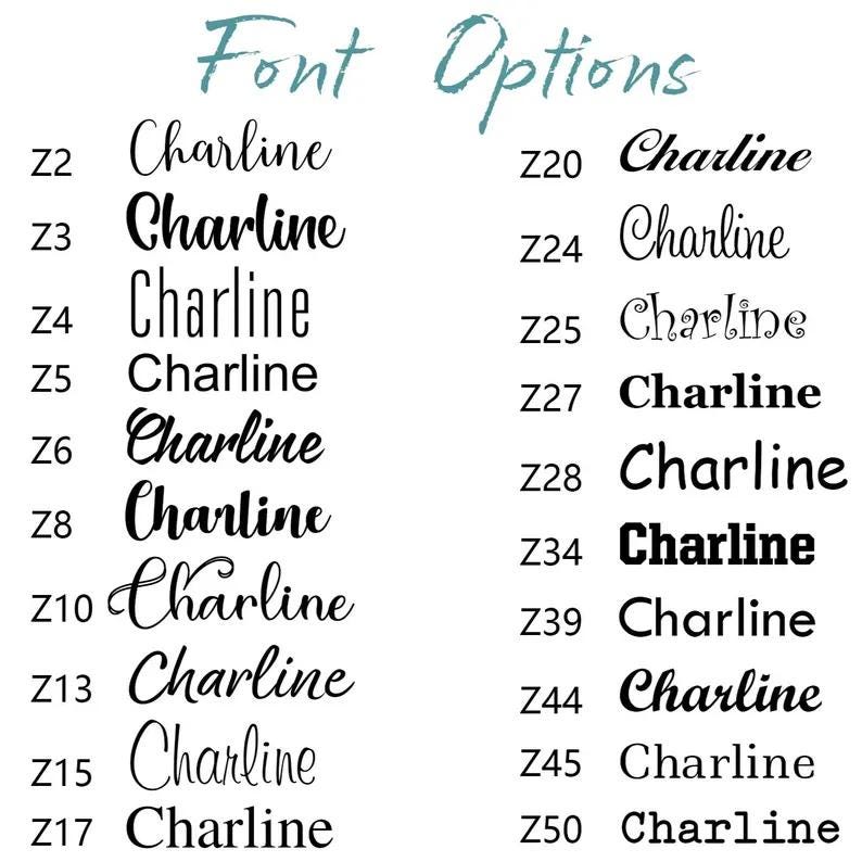 May include: An image displaying a selection of font styles for the name "Charline." The text is presented in a variety of designs, including elegant cursive and bold, block lettering. The words "Font Options" are written in teal, handwritten script.