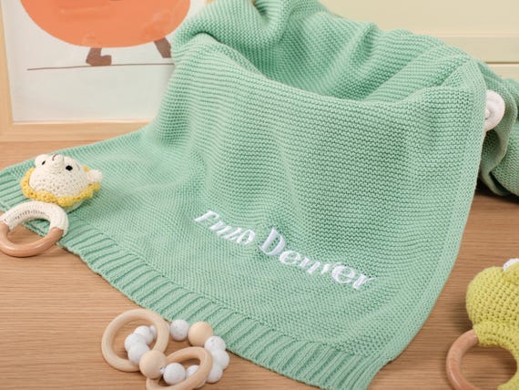 Personalized Knit Baby Blanket – Custom Embroidered Name Cotton Blanket, Neutral Monogram Gift for Newborn or Coming Home