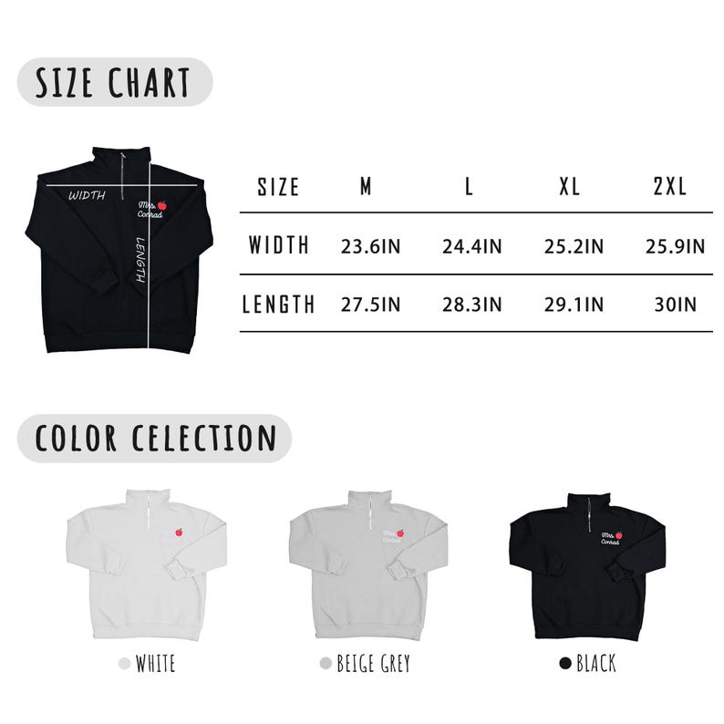 May include: A size chart and color selection guide for a quarter-zip sweatshirt. The size chart shows width and length measurements in inches. Color options include white, beige grey, and black sweatshirts.
