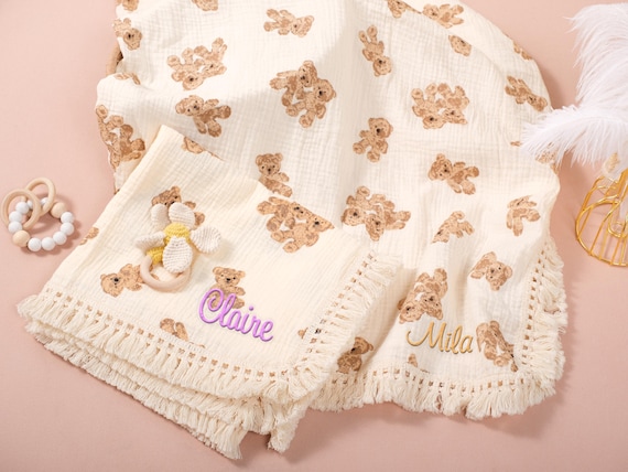 Soft Muslin Teddy Bear Swaddle Blanket: Breathable Wrap for Newborns, Non-Gendered Baby Shower Gift Essential