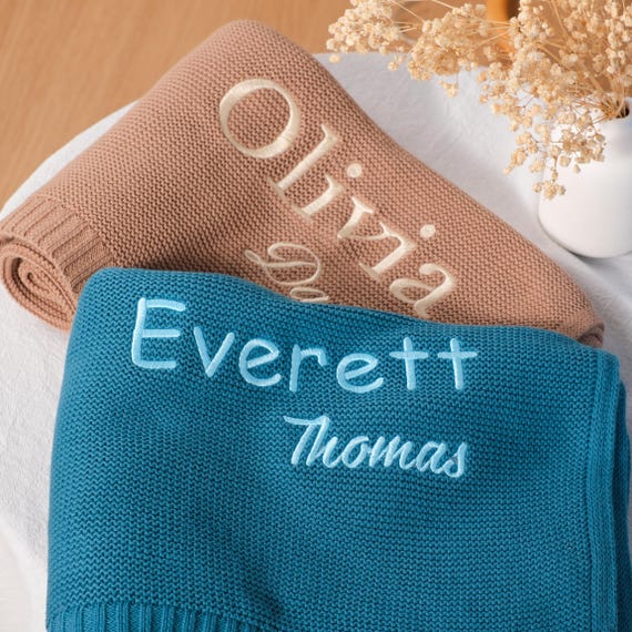 Personalized Hand-Stitched Organic Cotton Baby Blanket – Two-Line Name Embroidery Keepsake Gift for Newborns, Showers, or Baby’s First Year