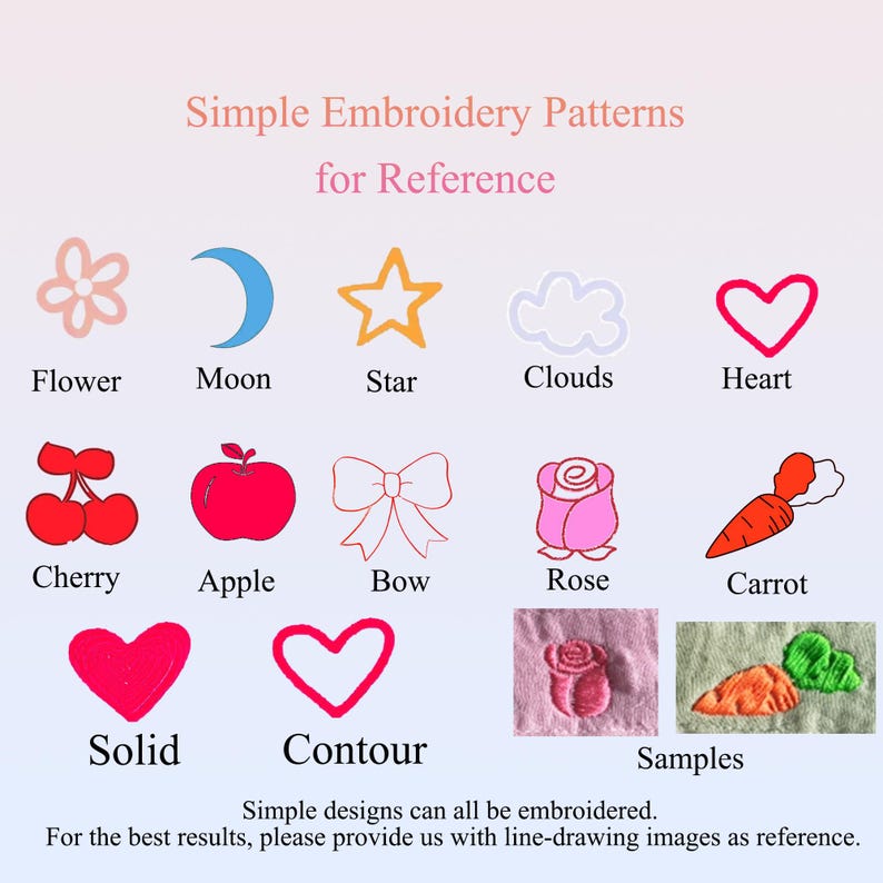 May include: Image of simple embroidery patterns for reference, including a flower, moon, star, clouds, heart, cherry, apple, bow, rose, and carrot. The image also includes the words "Simple Embroidery Patterns for Reference."