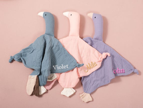Personalized Baby Name Comforter, Custom Baby Blanket With Name, Embroidered Muslin Goose Lovey, Newborn Gift, Birthday Gift for Girl Boy