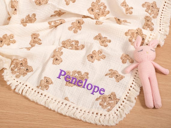 Custom-Tailored Teddy Bear Baby Blanket: Gorgeously Embroidered And Personalized, This Soft Cotton Blanket Is The Ultimate Newborn Gift.
