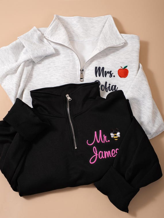 Custom Quarter Zip Teacher Sweatshirt, Personalized Hand Embroidered Teacher Apple Sweater, Teacher Appreciation Gifts, Teacher Jacket