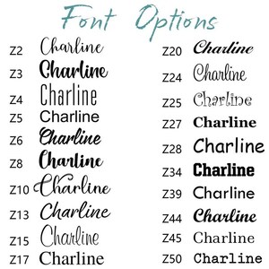 May include: Image showcasing various font options for the name "Charline." The text is displayed in different styles, ranging from elegant cursive to bold, block letters. The phrase "Font Options" is written in a teal, handwritten style at the top.