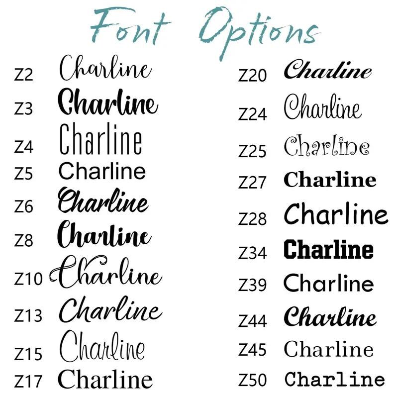 May include: Image showcasing various font options for the name "Charline." The text is displayed in different styles, ranging from elegant cursive to bold, block letters. The phrase "Font Options" is written in a teal, handwritten style at the top.