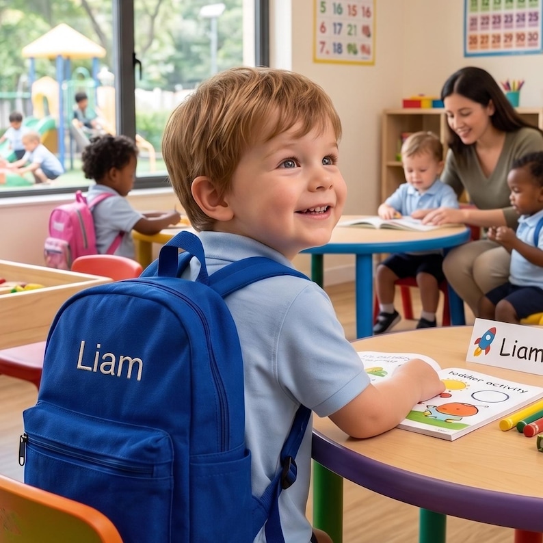 May include: A royal blue backpack with the name Liam embroidered in white on the front pocket. The backpack features adjustable shoulder straps, a main zippered compartment, and a smaller front zippered pocket, shown in a classroom setting.