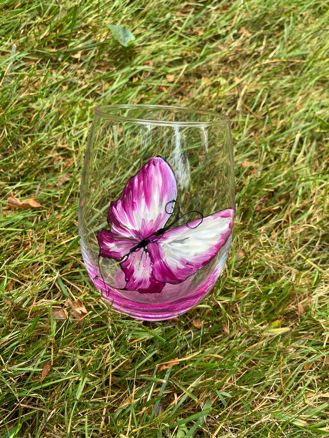 Wine Glass Pink Butterfly Wine Glass Stemless Wine Glass Etsy