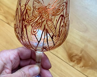 Wine Glass, Hand Painted Dragonfly Butterfly,  Cat n Nine Tails Copper, Unique Gift, Dragonfly Wineglass