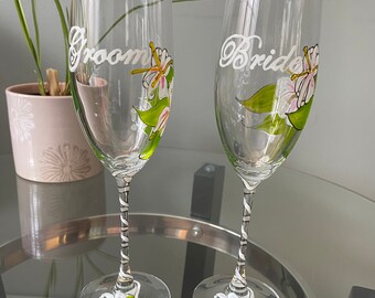 Hand Painted Lily Wedding Champagne Flute Set: Bride & Groom Toasting Glasses