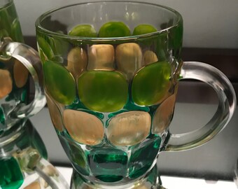TWO Mid Century Modern Pint Beer Mugs Green Gold Upcycled