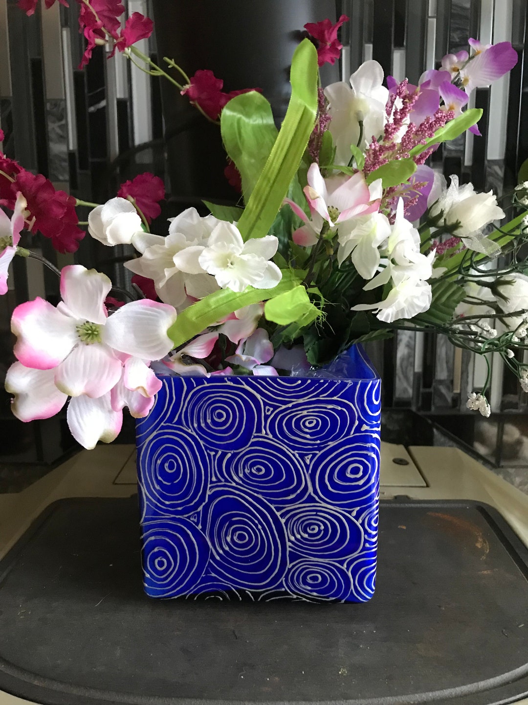 Vase, Planter, Geometric Blue Square Vase, Silver Planter Vermeil