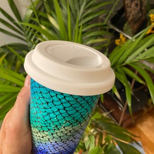 Hand Painted Mermaid Coffee Travel Mug with Silicone Lid
