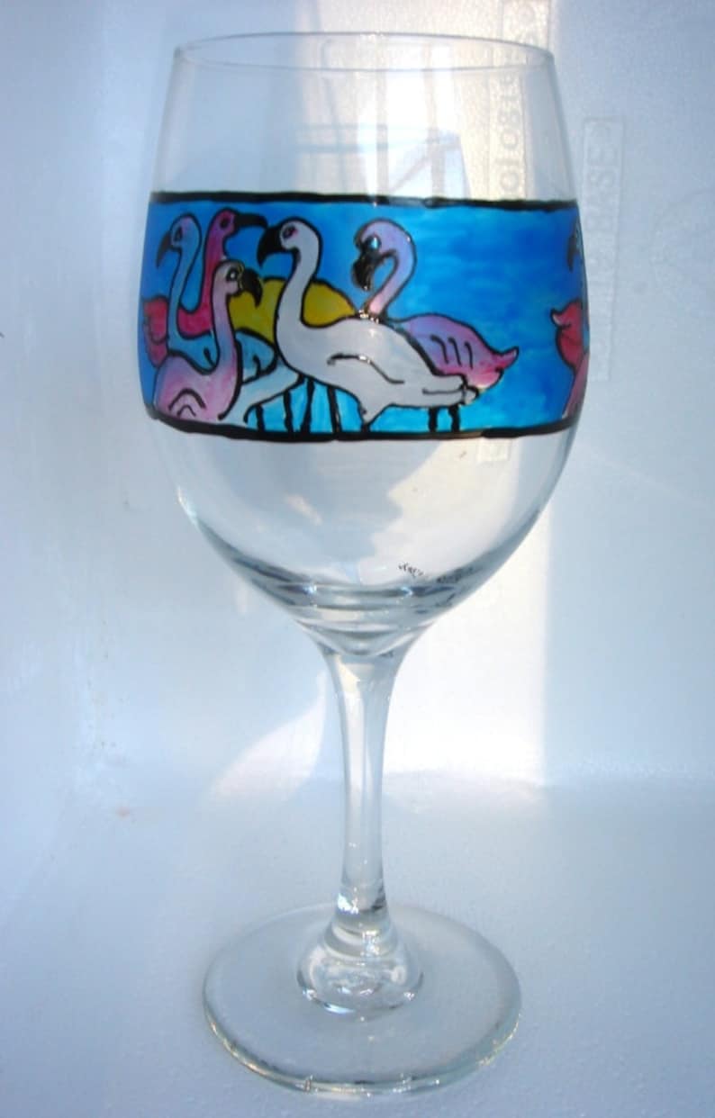 Wine Glass Flamingo Wine Glass Beach Glassware Hand Painted Etsy