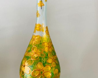 Oil or Vinegar Bottle, Olive Oil Bottle, Floral Design, Gold Version, Hand Painted Glass EVOO Dispenser