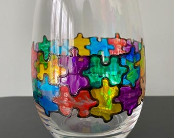 Puzzle Wineglass, Hand Painted, Multi Colors Stained Glass Look