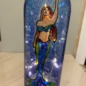 Little Mermaid Night Light, Wine Bottle, Fairy Light, Hand Painted Fairy LED, Mermaid Decor, Mermaid Decor, Little Mermaid