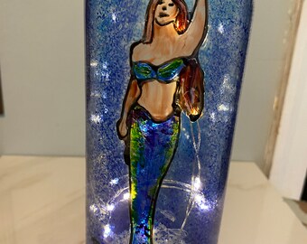 Little Mermaid Night Light, Wine Bottle, Fairy Light, Hand Painted Fairy LED, Mermaid Decor, Mermaid Decor, Little Mermaid