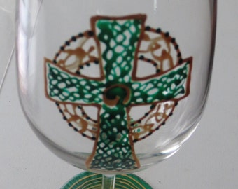 Hand Painted Celtic Cross Wine Glass: St Patrick's Day Gift