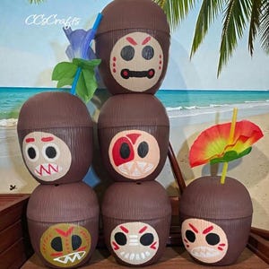 Six Large Size Moana Kakamora Party Cups (Set of 6) - Luau Coconut Cup with Straw & Choice of Lei, Moana Party