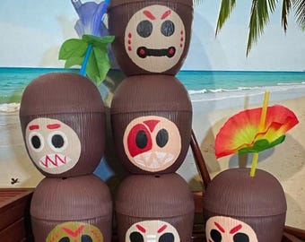 Six Large Size Moana Kakamora Party Cups (Set of 6) - Luau Coconut Cup with Straw & Choice of Lei, Moana Party